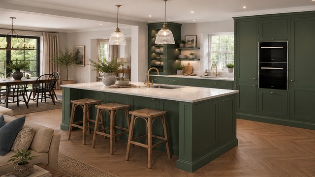 Shadow bespoke kitchen in deep forest green with marble island — Dominus Kitchens