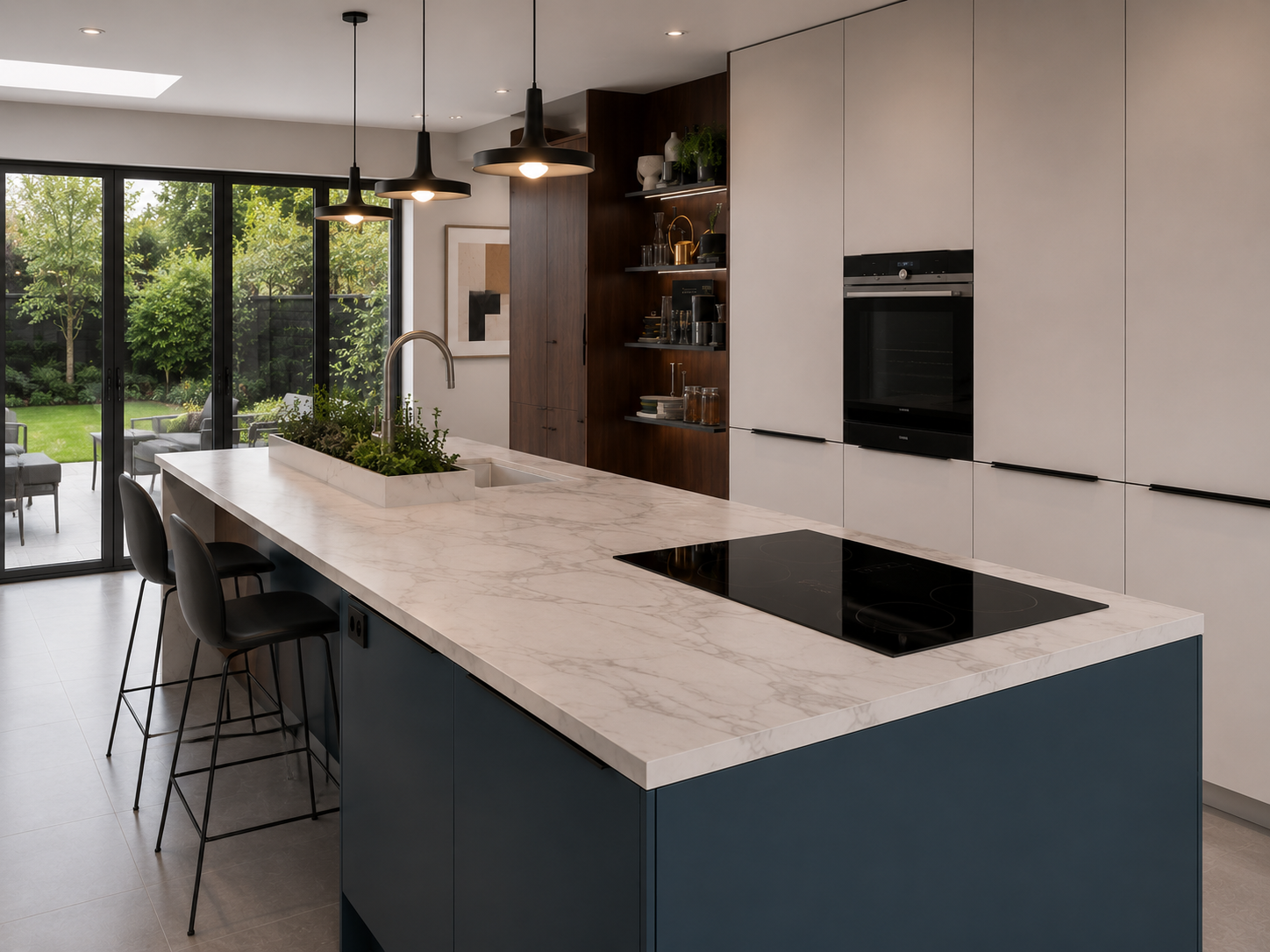 Pale blue bespoke kitchen with island and garden doors — Dominus Kitchens