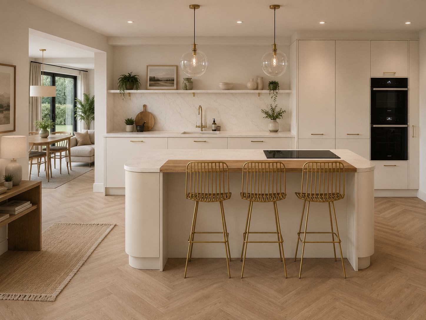 Warm oak bespoke kitchen London in cream with layered stone details — Dominus Kitchens