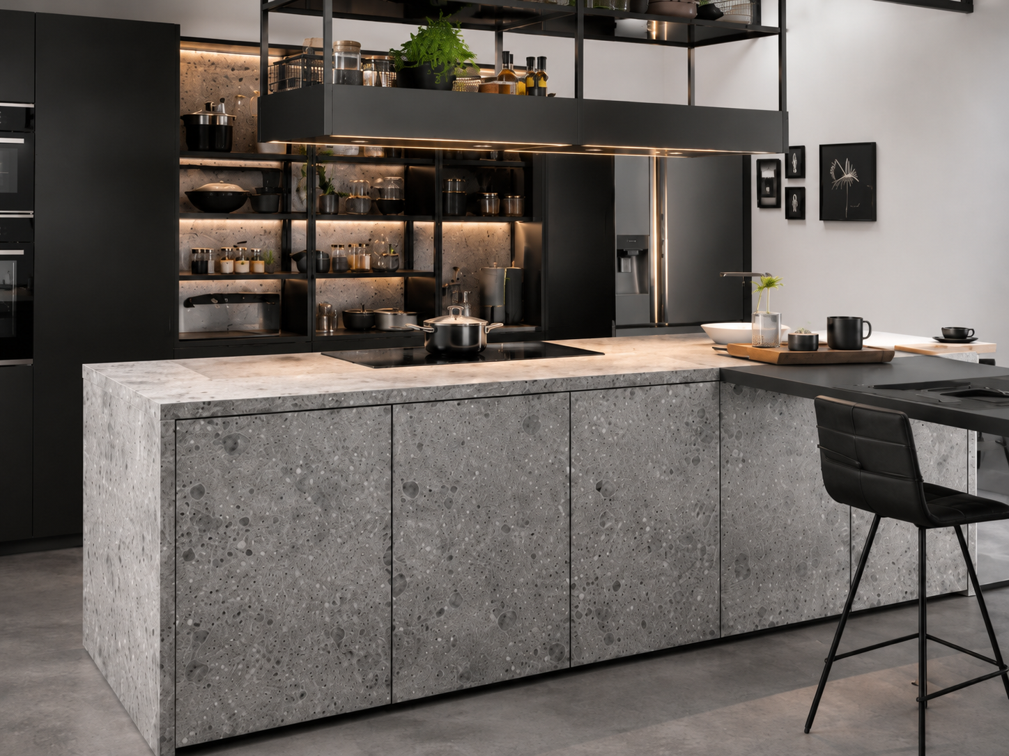 Cinematic concrete island bespoke kitchen with steel shelving — Dominus Kitchens
