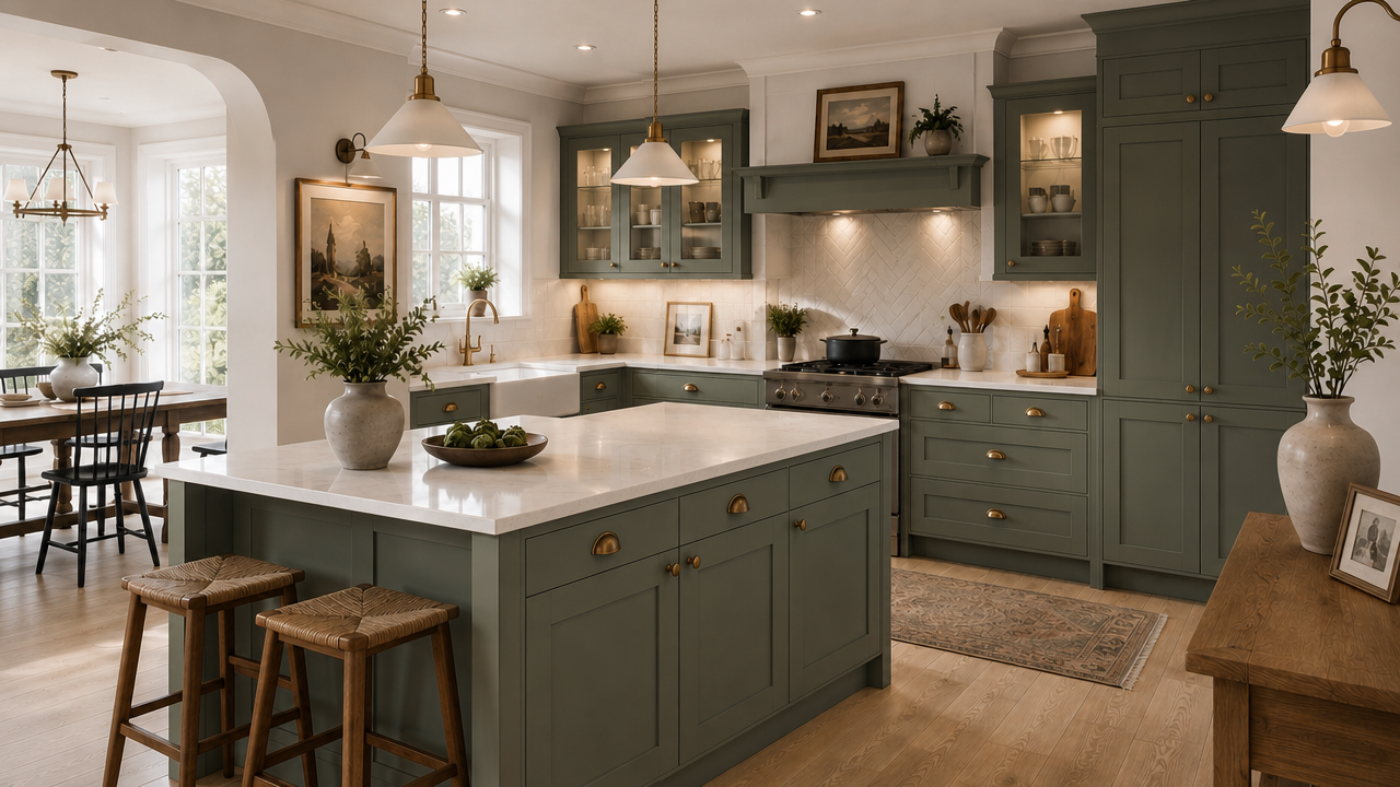 Sage green shaker refectory kitchen with marble island and brass hardware — Dominus Kitchens