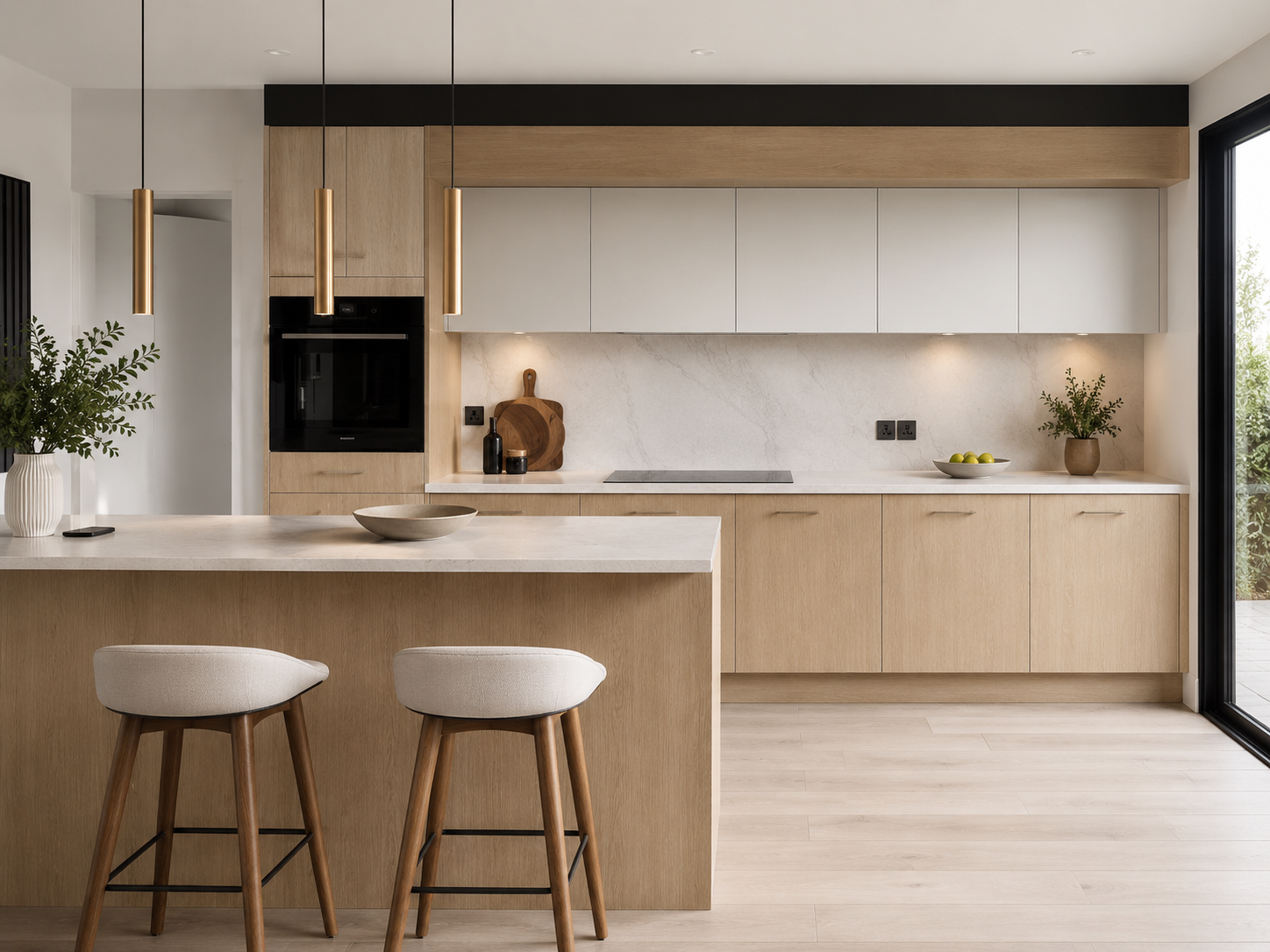 Warm graphite handleless kitchen with wall run — Dominus Kitchens