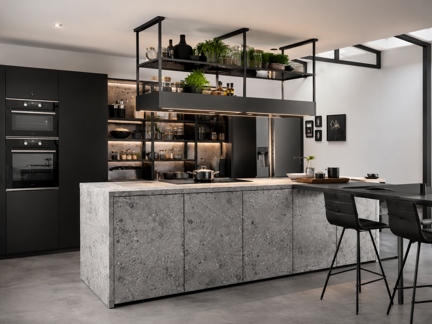 Concrete industrial kitchen with garden doors and dining — Dominus Kitchens