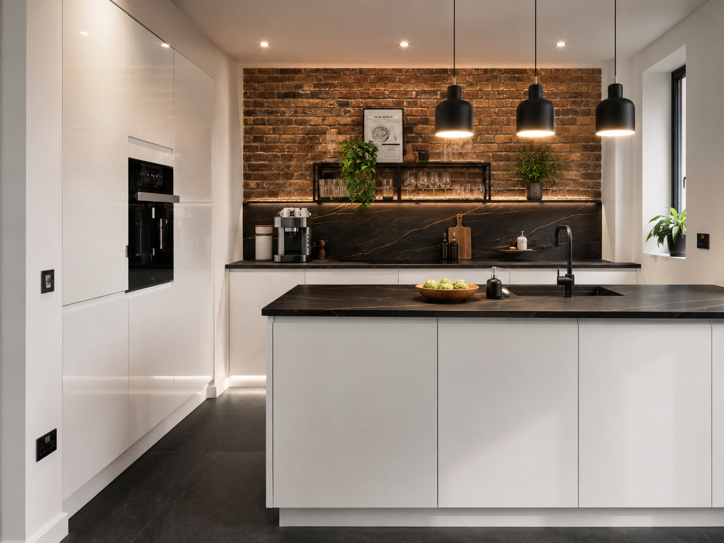 White modern kitchen London with black-veined stone and exposed brick splashback — Dominus Kitchens — White Lead — Dominus Kitchens Bespoke Kitchens London | Dominus Kitchens London