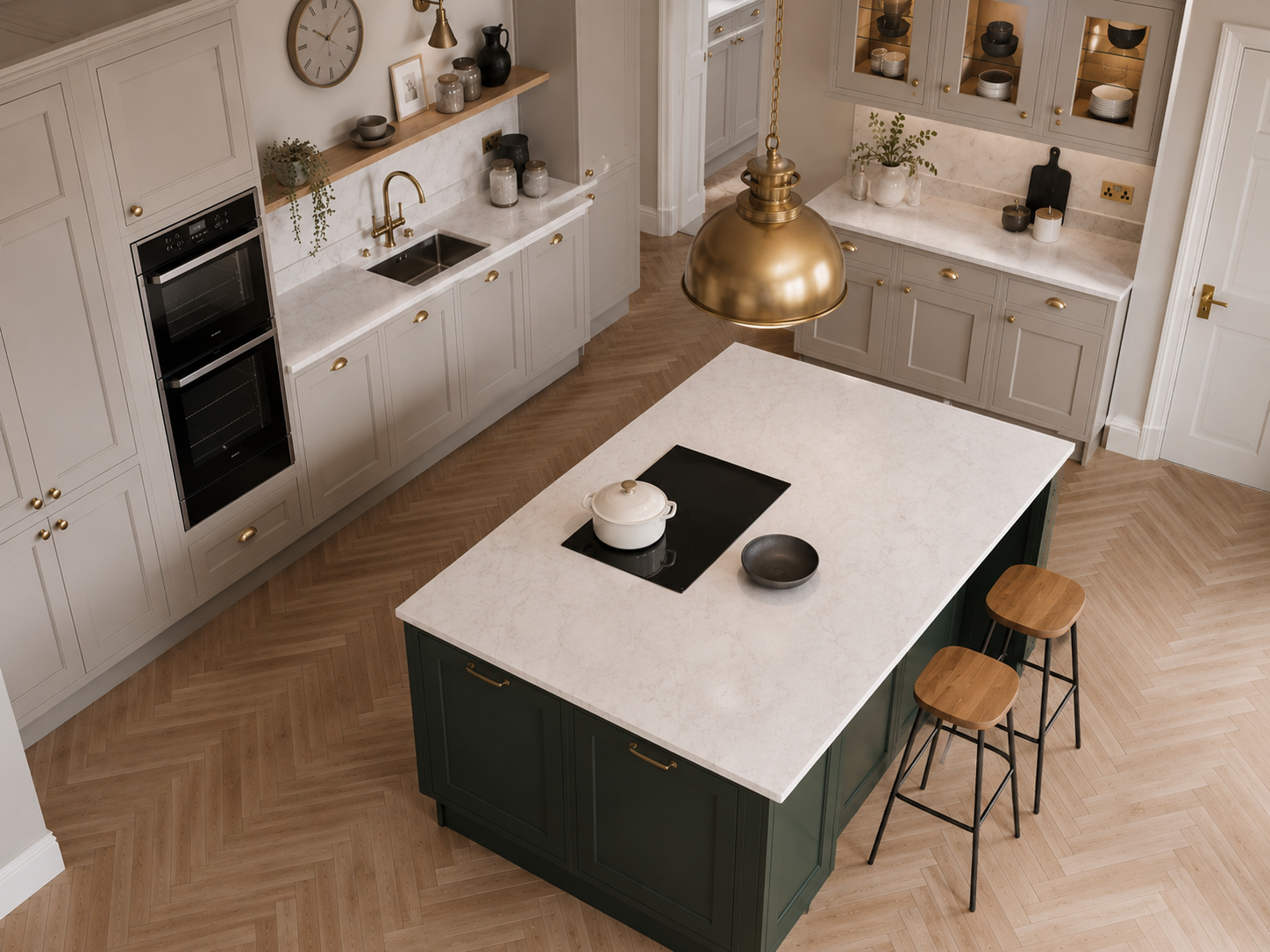 Deep green shaker island bespoke kitchen London with brass pendants — Dominus Kitchens — Deep Green — Dominus Kitchens Bespoke Kitchens London | Dominus Kitchens London