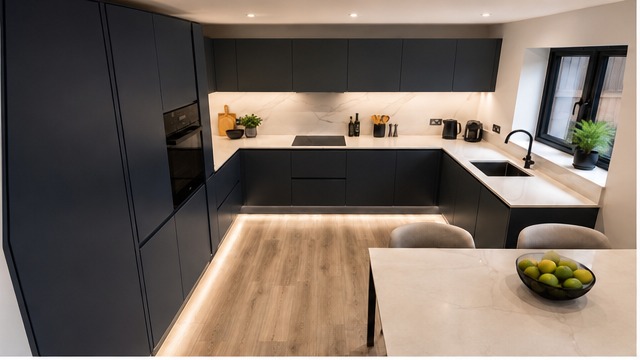 Bespoke handleless kitchen in charcoal with marble island — Dominus Kitchens