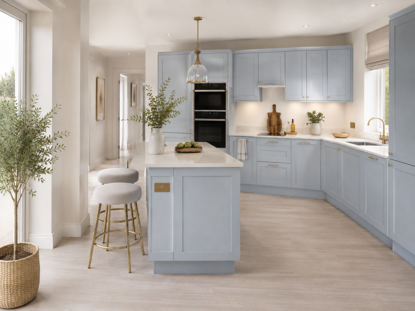 Powder blue shaker kitchen London with brass taps and marble worktops — Dominus Kitchens — Powder Blue — Dominus Kitchens Bespoke Kitchens London | Dominus Kitchens London