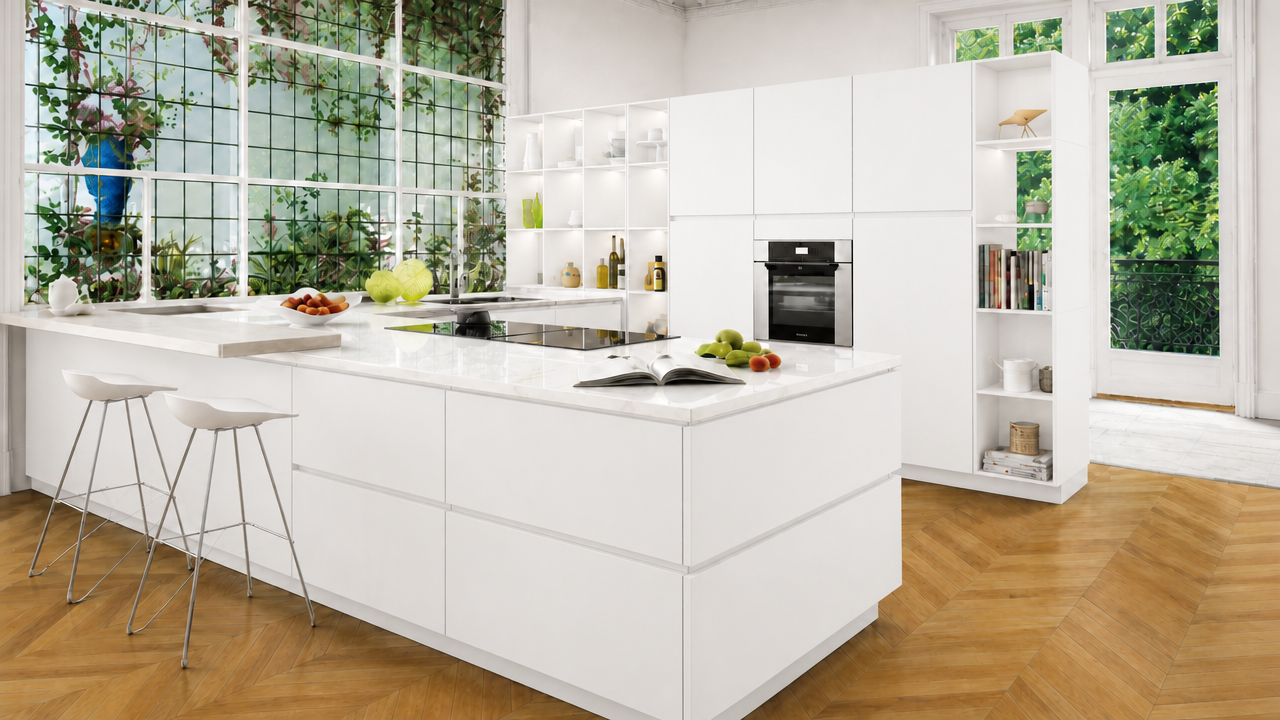 Bright white handleless orangery kitchen London with marble island, herringbone oak floor and garden greenery beyond — Dominus Kitchens — Bright White — Dominus Kitchens Bespoke Kitchens London | Dominus Kitchens London