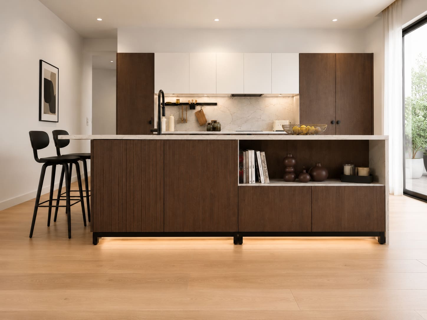 Walnut modern bespoke kitchen London with long island and integrated shelving — Dominus Kitchens — Walnut — Dominus Kitchens Bespoke Kitchens London | Dominus Kitchens London