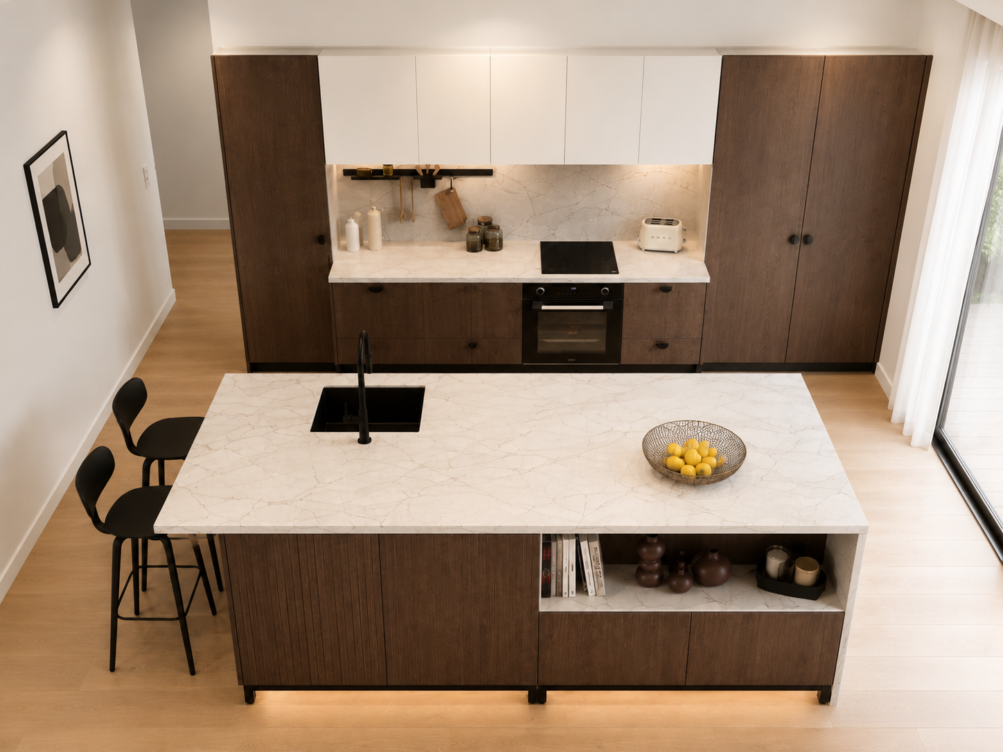 Dark walnut kitchen London with pale marble island and blackened fittings — Dominus Kitchens — Dark Walnut — Dominus Kitchens Bespoke Kitchens London | Dominus Kitchens London