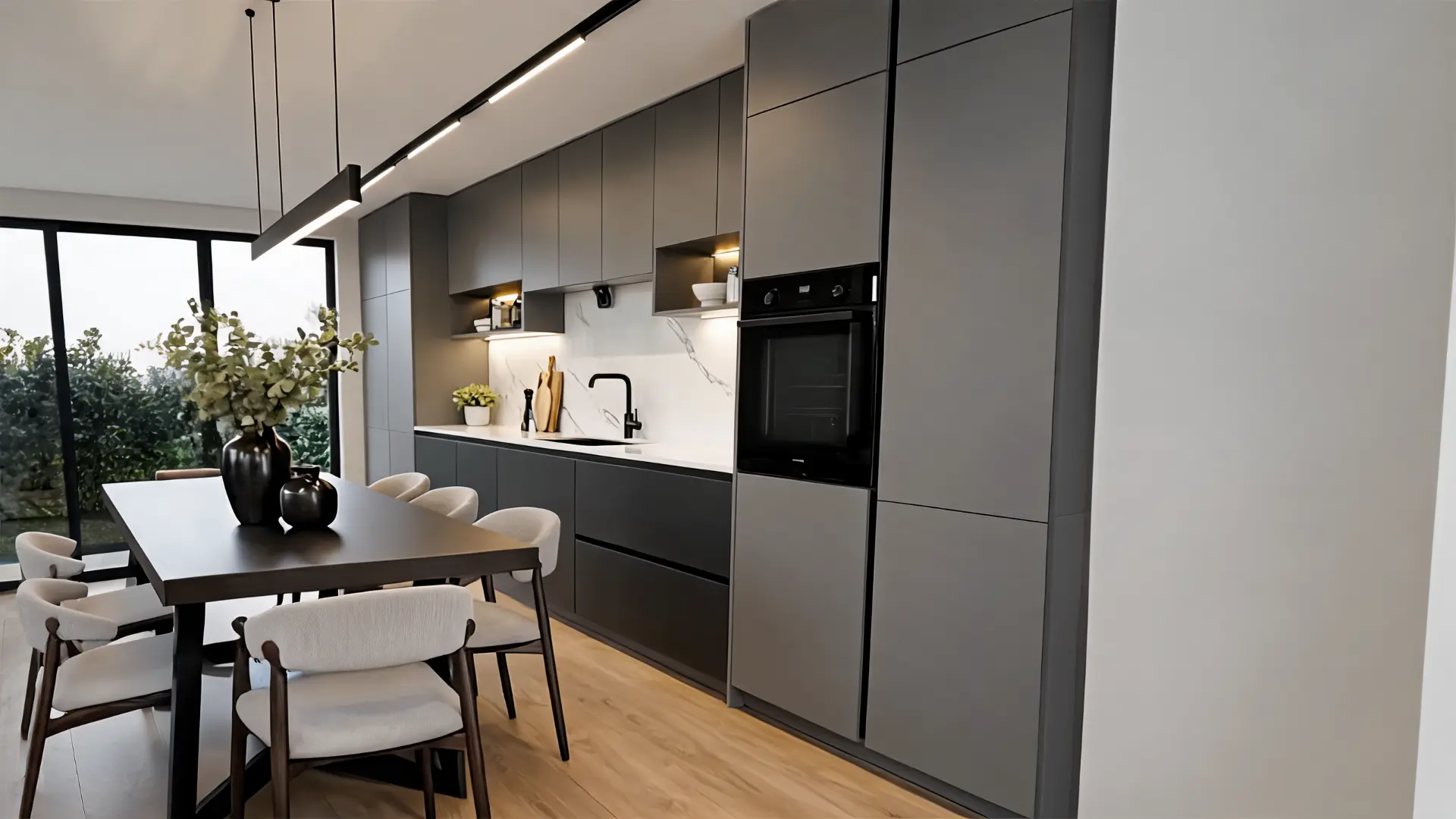 Graphite handleless kitchen London with tall units, marble splashback and oak floor — Dominus Kitchens — Graphite — Dominus Kitchens Bespoke Kitchens London | Dominus Kitchens London