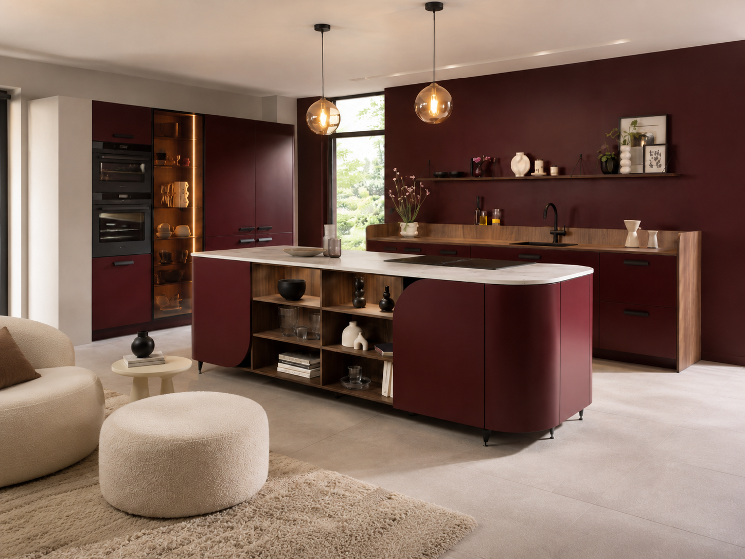 Warm burgundy island with walnut shelving and pale stone — Dominus Kitchens